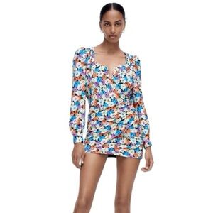 Zara Women's Floral Long Sleeve Ruched Mini Dress Size Small